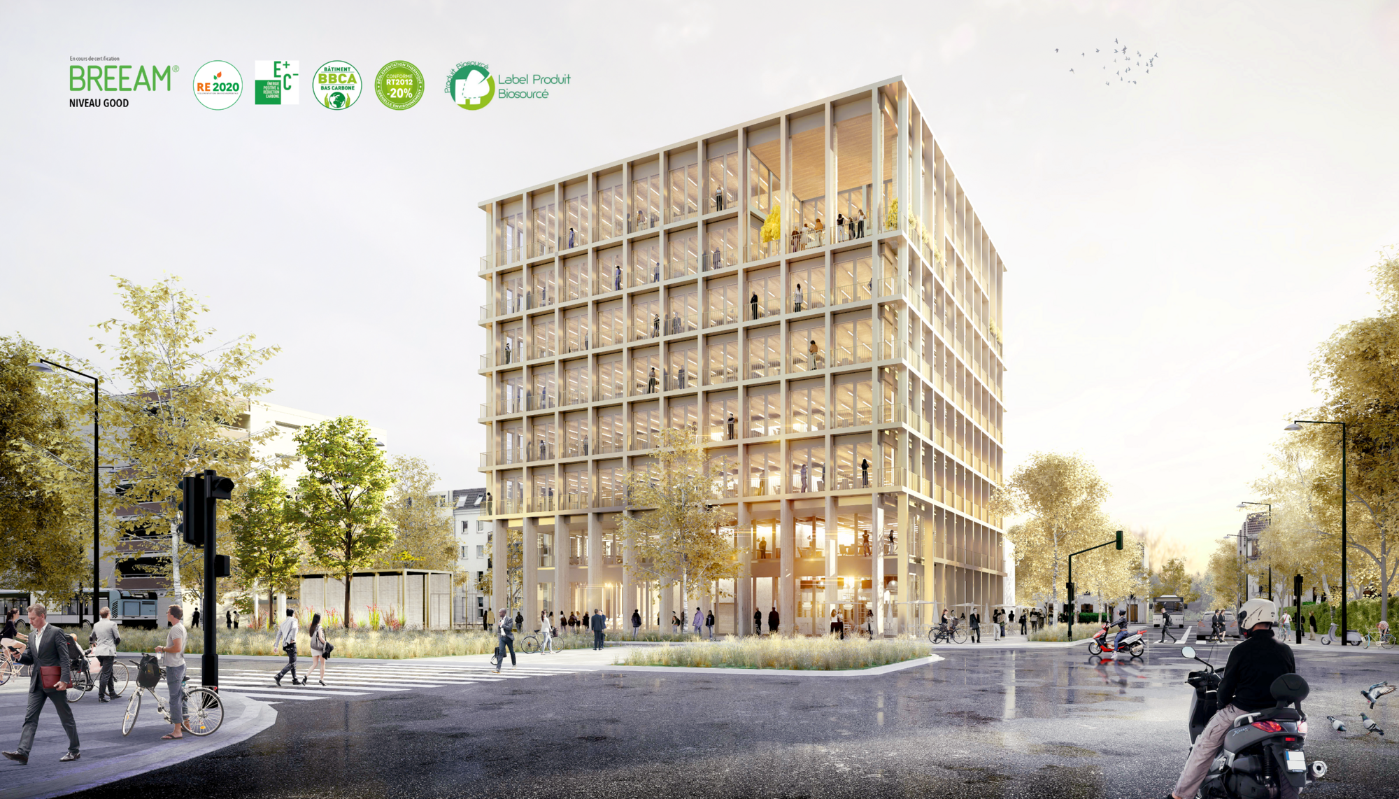 immeuble bioclimatique RE 2020 à Strasbourg. Immeuble de bureaux Lazard Group en structure bois